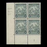 Barbados 1942 (Variety) 1d Blue-Green plate block with re-entry, perf 13½ x 13