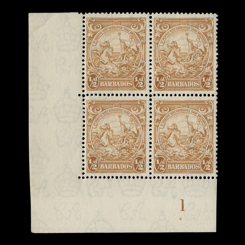 Barbados 1942 (MLH) ½d Yellow-Bistre plate block, perf 13½ x 13