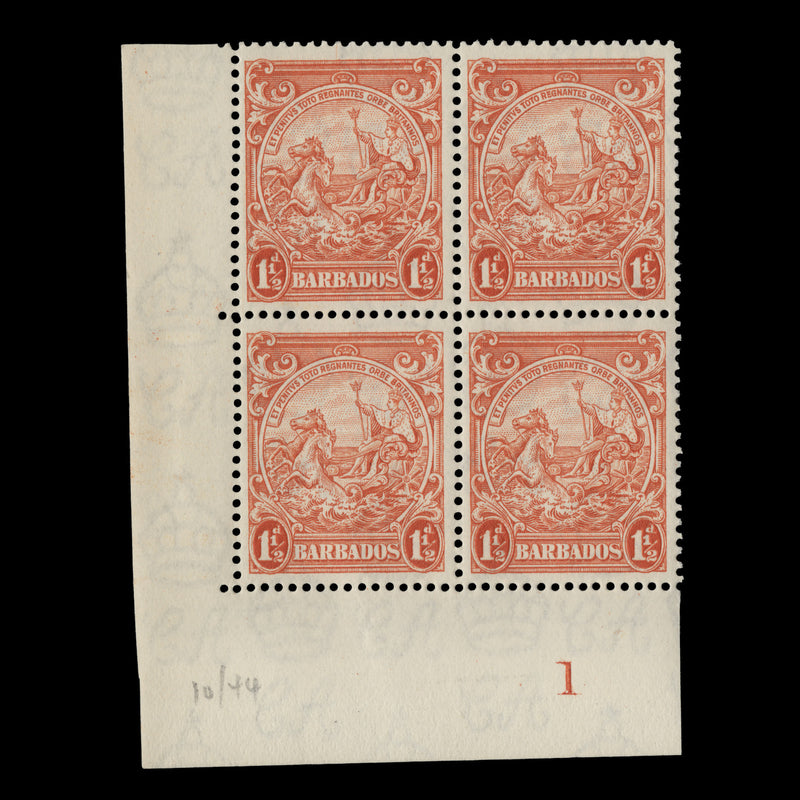 Barbados 1938 (MLH) 1½d Orange plate block, perf 13½ x 13