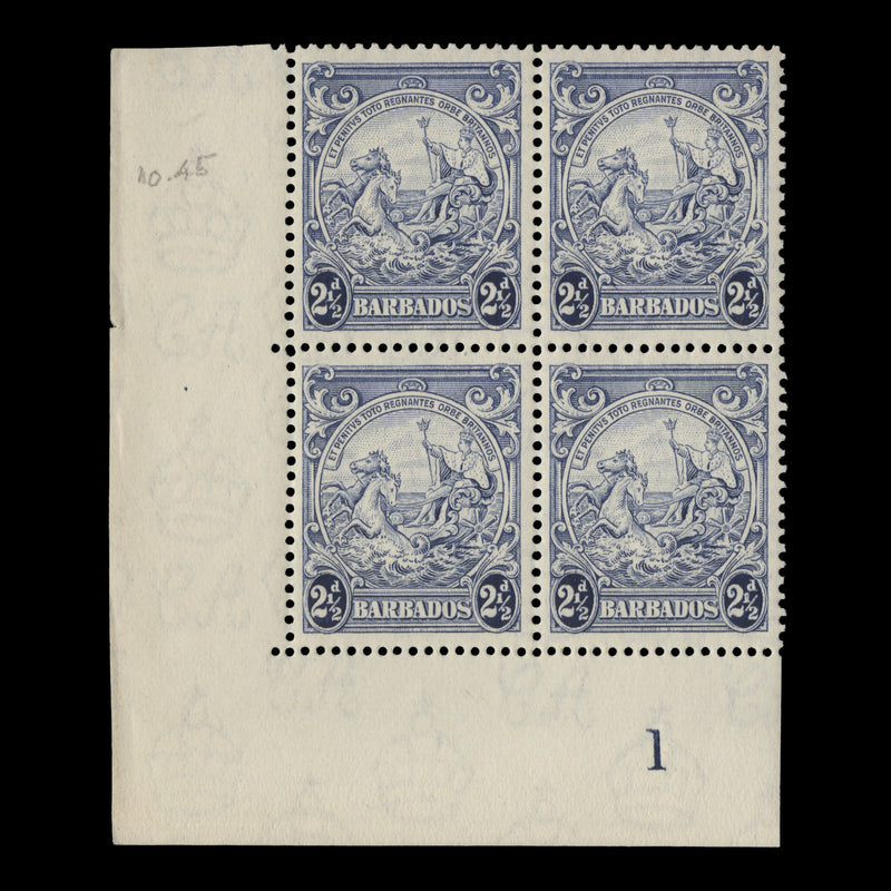 Barbados 1938 (MLH) 2½d Ultramarine plate block, perf 13½ x 13