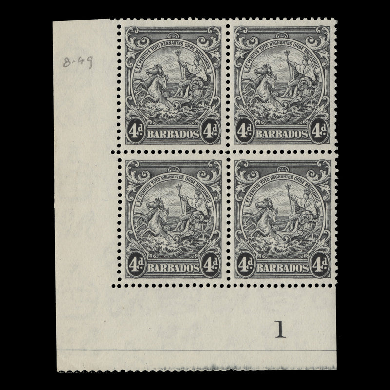 Barbados 1938 (MLH) 4d Black plate block, perf 13½ x 13