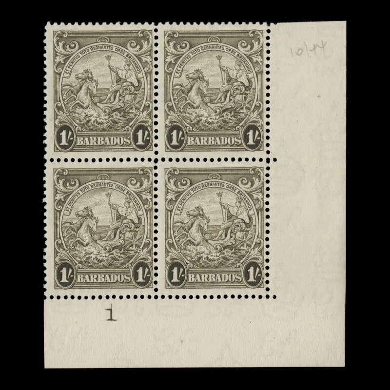 Barbados 1938 (MLH) 1s Olive-Green plate block, perf 13½ x 13