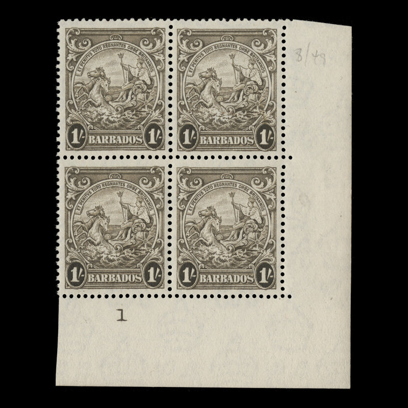 Barbados 1945 (MLH) 1s Brown-Olive plate block, perf 13½ x 13