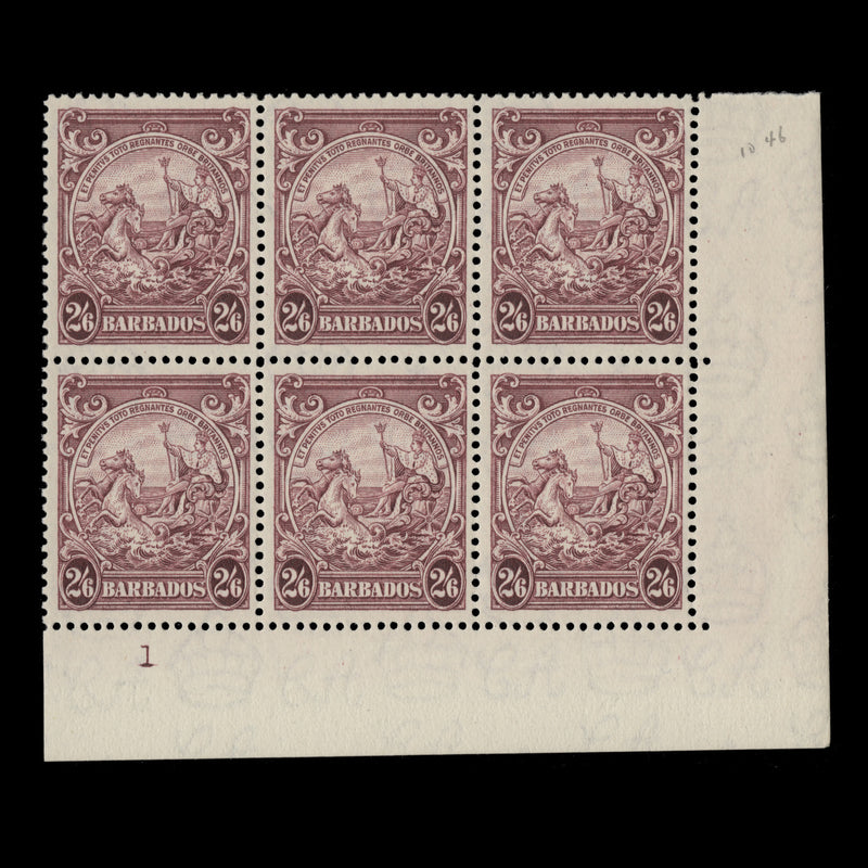 Barbados 1938 (MLH) 2s 6d Purple plate block, perf 13½ x 13