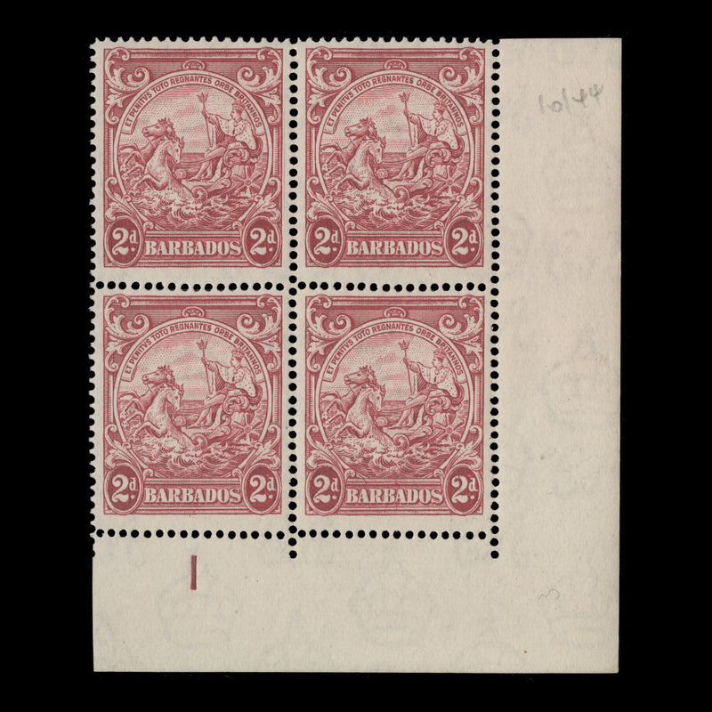 Barbados 1944 (Variety) 2d Carmine plate block with extra frame line, perf 14 x 14