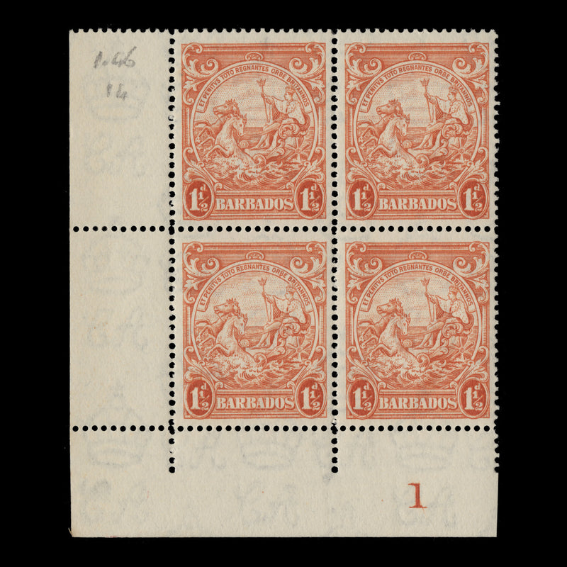 Barbados 1941 (MLH) 1½d Orange plate block, perf 14 x 14