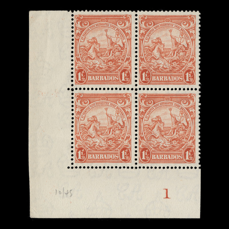 Barbados 1941 (MLH) 1½d Orange plate block, perf 14 x 14