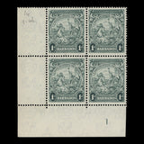 Barbados 1942 (Variety) 1d Blue-Green plate block with re-entry, perf 14 x 14