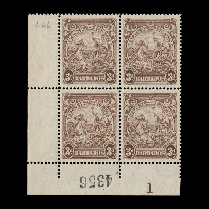 Barbados 1941 (MLH) 3d Brown plate block, perf 14 x 14