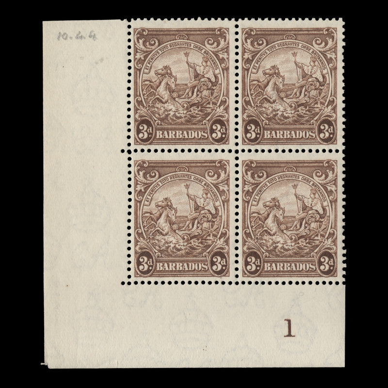 Barbados 1941 (MLH) 3d Brown plate block, perf 14 x 14