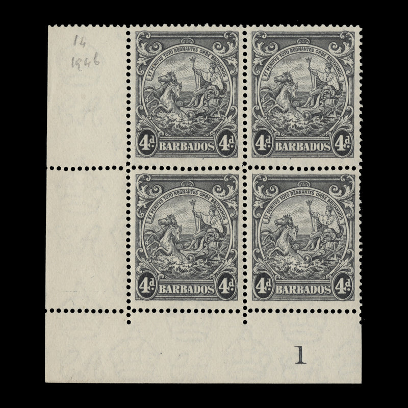 Barbados 1944 (MLH) 4d Black plate block, perf 14 x 14