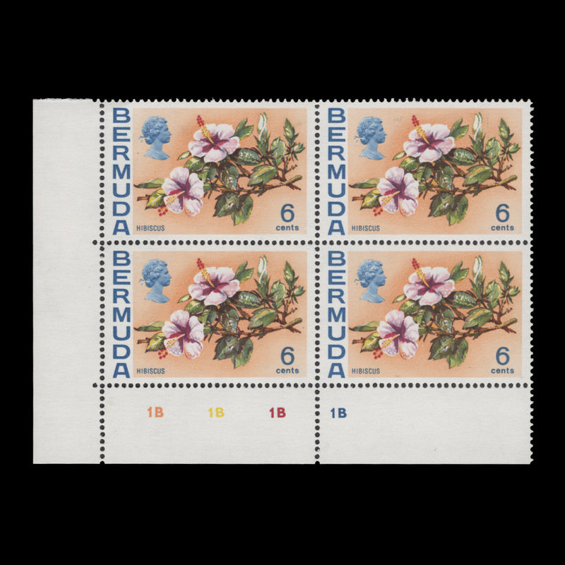 Bermuda 1974 (MNH) 6c Hibiscus plate 1B–1B–1B–1B block