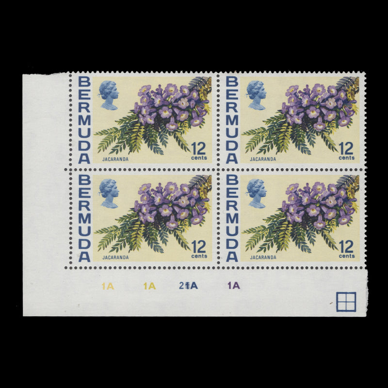 Bermuda 1974 (MNH) 12c Jacaranda plate 1A–1A–2A–1A block