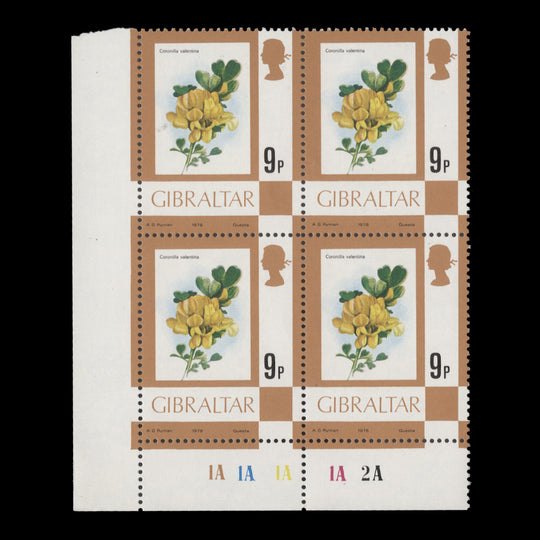 Gibraltar 1978 (MNH) 9p Scorpion Vetch plate 1A–1A–1A–1A–2A block