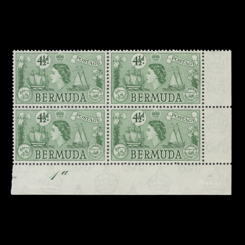Bermuda 1953 (MLH) 4½d Sea Venture plate 1a block
