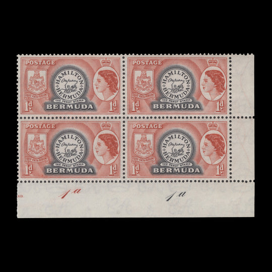 Bermuda 1953 (MLH) 1d Postmaster Perot's Stamp plate 1a–1a block