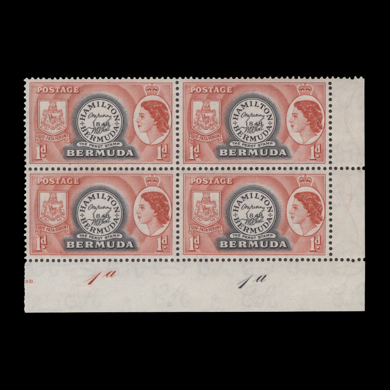 Bermuda 1953 (MLH) 1d Postmaster Perrot's Stamp plate 1a–1a block