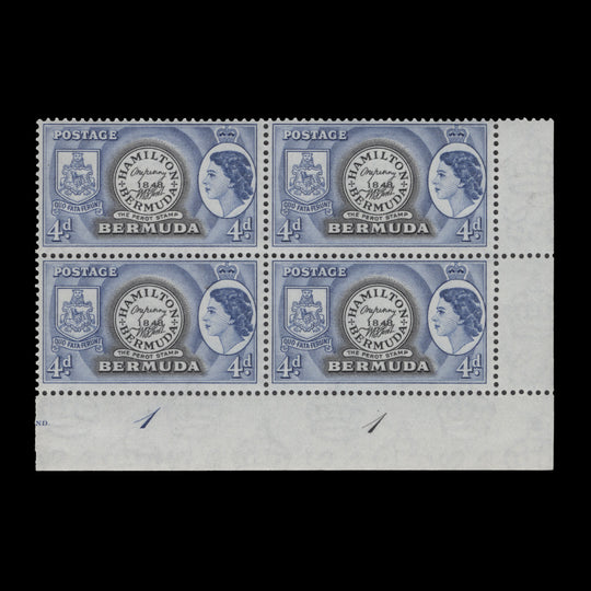 Bermuda 1953 (MLH) 4d Postmaster Perot's Stamp plate 1–1 block