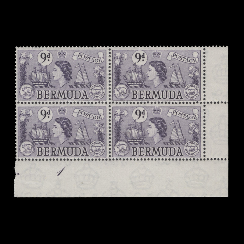 Bermuda 1958 (MLH) 9d Sea Venture plate 1 block