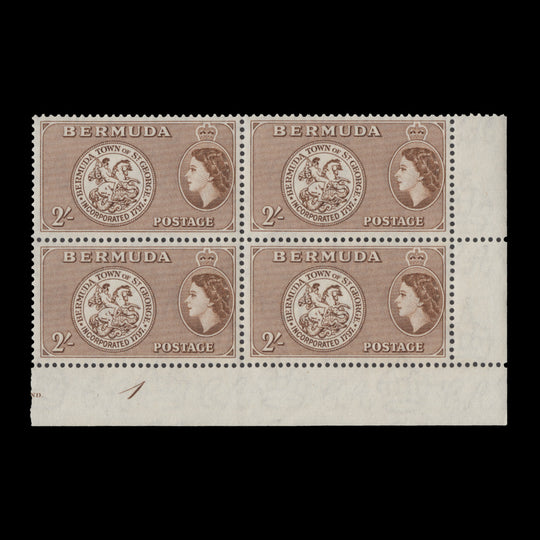 Bermuda 1953 (MLH) 2s Arms of St George plate 1 block