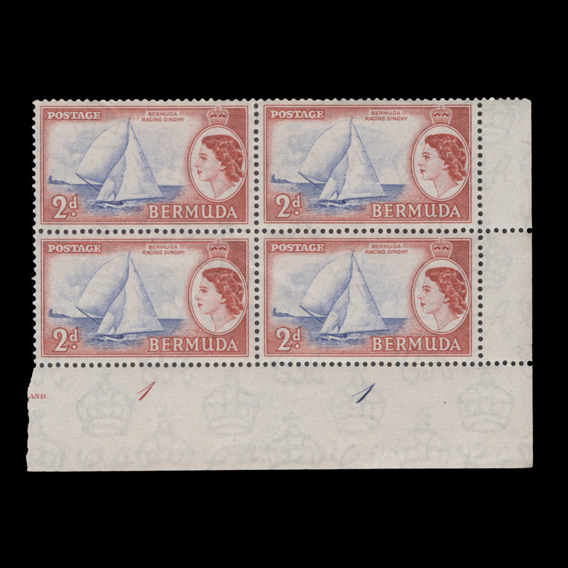 Bermuda 1953 (MNH) 2d Racing Dinghy plate 1–1 block