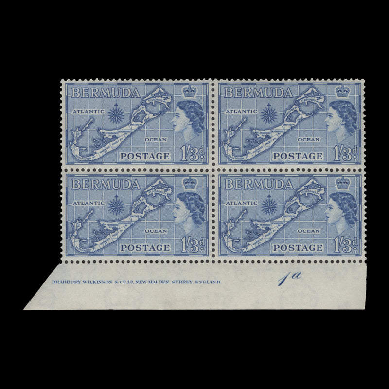 Bermuda 1957 (MLH) 1s3d Map plate 1a block, die II, blue shade