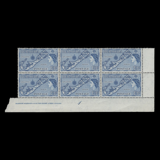 Bermuda 1954 (MNH) 1s3d Map imprint/plate 1 block, die I, greenish-blue shade