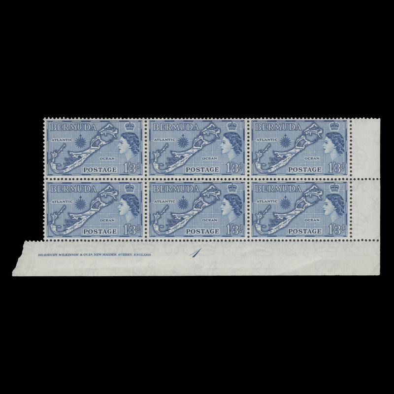 Bermuda 1954 (MNH) 1s3d Map plate 1 block, die I, greenish-blue shade