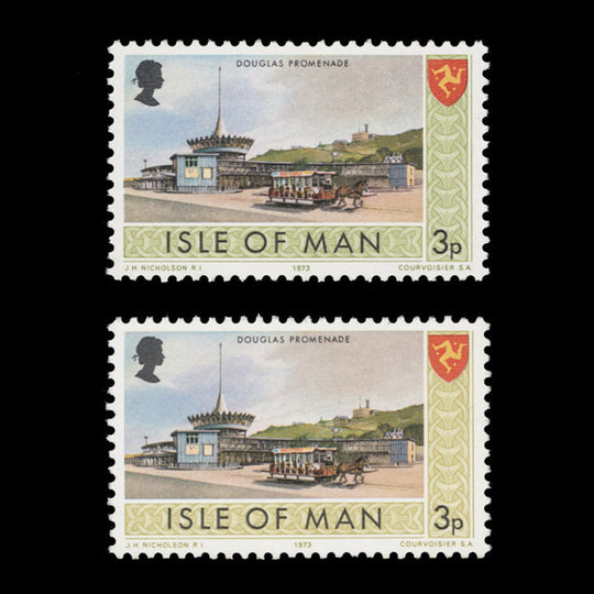 Isle of Man 1974 (Variety) 3p Douglas Promenade with olive-yellow border