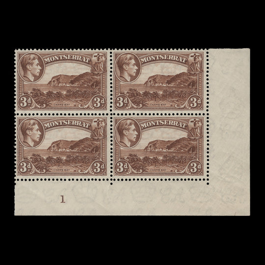 Montserrat 1938 (MNH) 3d Carr's Bay plate 1 block, perf 13 x 13