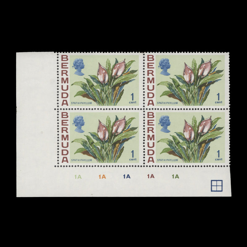 Bermuda 1970 (MLH) 1c Spathiphyllum plate 1A–1A–1A–1A–1A block