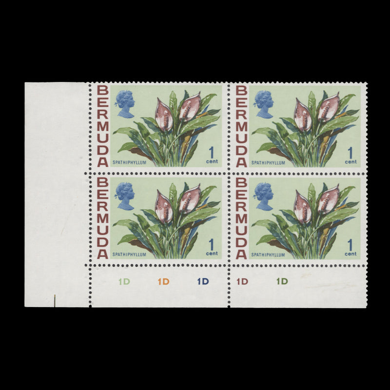 Bermuda 1970 (MLH) 1c Spathiphyllum plate 1D–1D–1D–1D–1D block