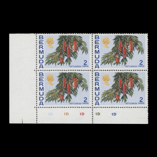 Bermuda 1970 (MLH) 2c Bottlebrush plate 1D–1D–1D–1D–1D block