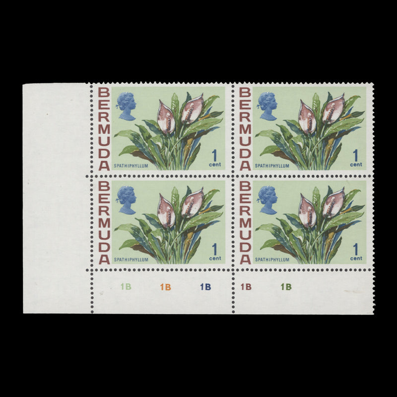 Bermuda 1970 (MLH) 1c Spathiphyllum plate 1B–1B–1B–1B–1B block