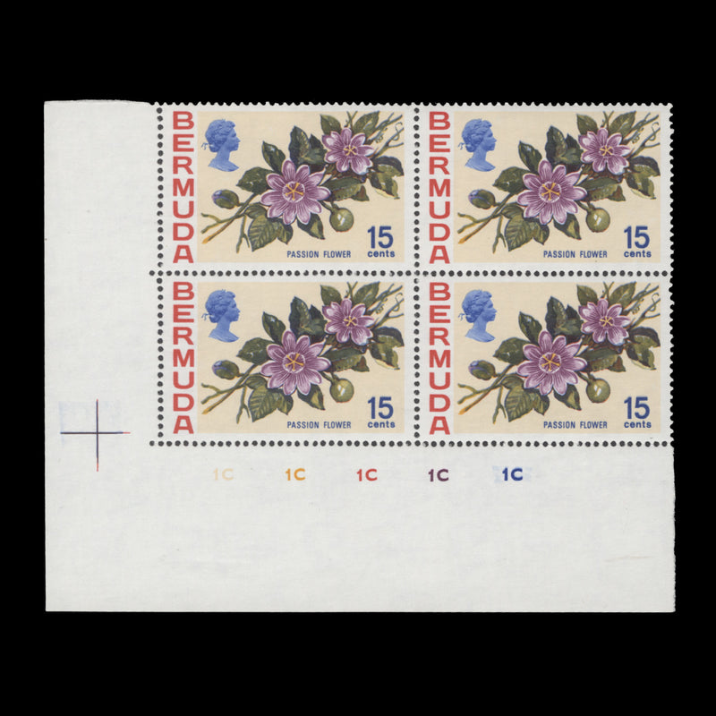 Bermuda 1970 (MLH) 15c Passion Flower plate 1D–1D–1D–1D–1D block