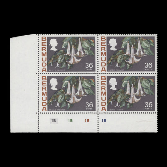 Bermuda 1970 (MLH) 36c Angel's Trumpet plate 1B–1B–1B–1B block