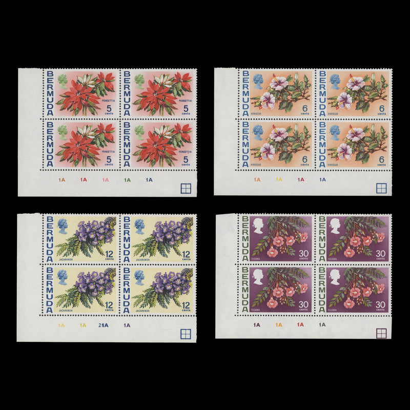 Bermuda 1974 (MLH) Flowers definitives plate blocks, upright watermark