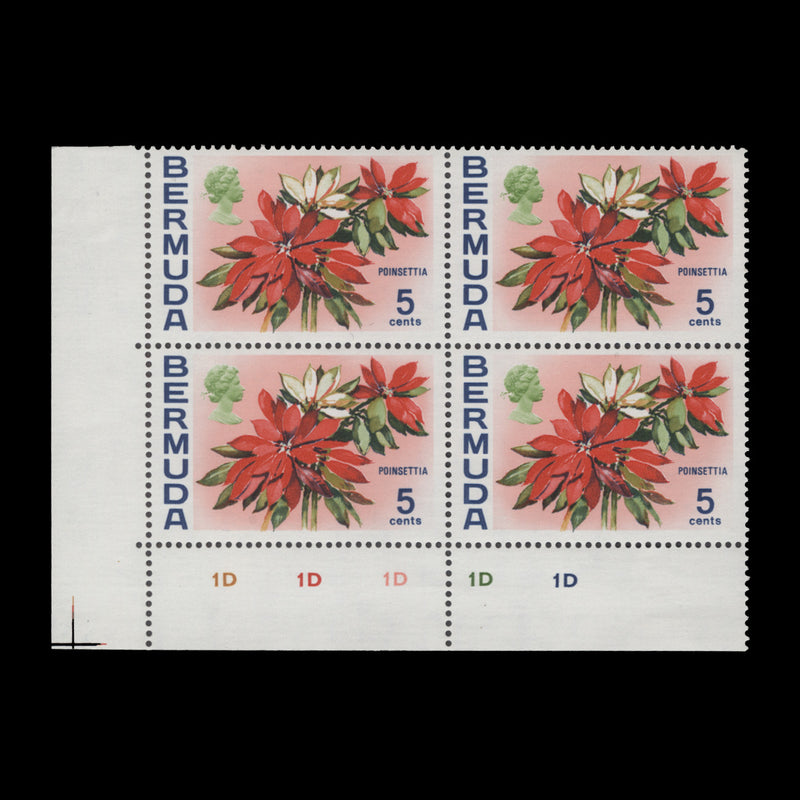 Bermuda 1974 (MLH) 5c Poinsettia plate 1D–1D–1D–1D–1D block