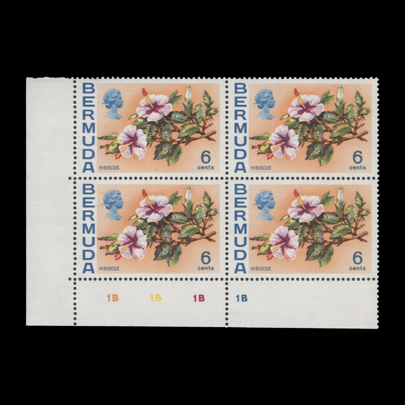Bermuda 1974 (MLH) 6c Hibiscus plate 1B–1B–1B–1B block