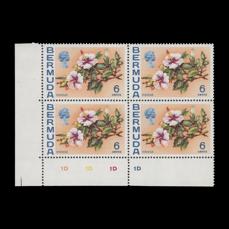 Bermuda 1974 (MLH) 6c Hibiscus plate 1D–1D–1D–1D block