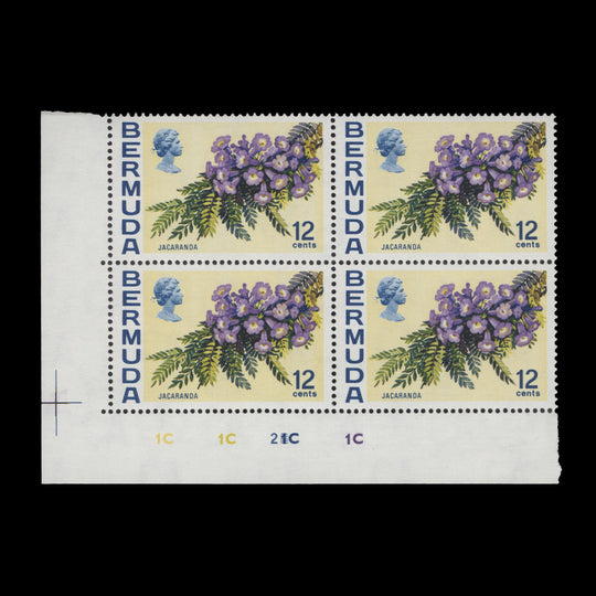 Bermuda 1974 (MLH) 12c Jacaranda plate 1C–1C–2C–1C block
