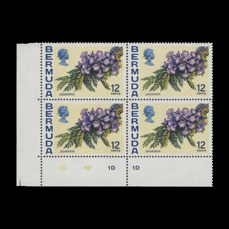 Bermuda 1974 (MLH) 12c Jacaranda plate 1D–1D–1D–1D block