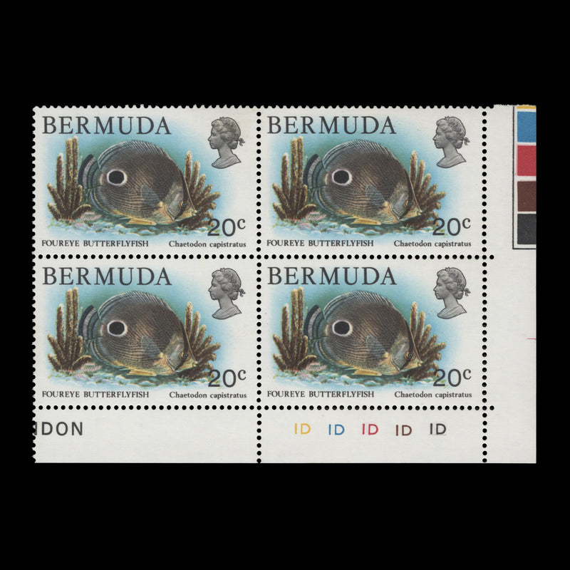 Bermuda 1979 (Variety) 20c Butterflyfish plate block with watermark to right