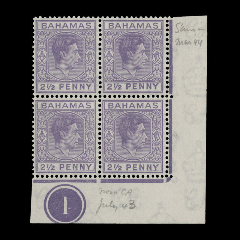 Bahamas 1943 (MNH) 2½d Violet plate 1 block