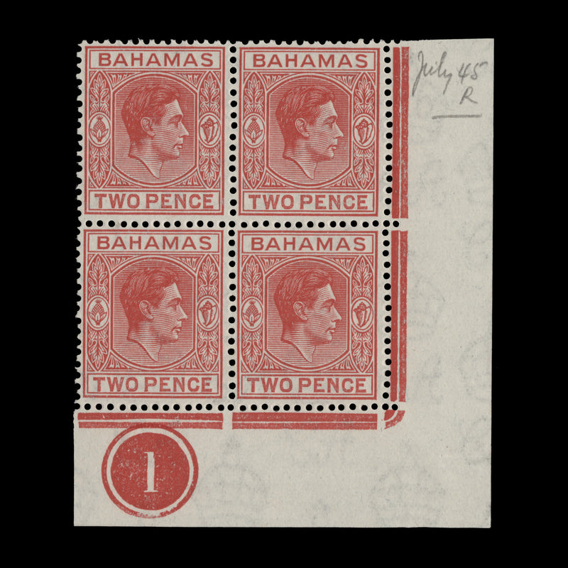 Bahamas 1945 (MNH) 2d Scarlet plate 1 block