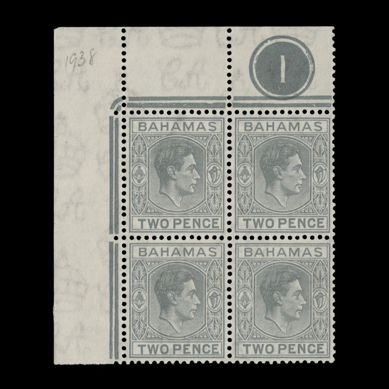 Bahamas 1938 (MNH) 2d Pale Grey plate 1 block