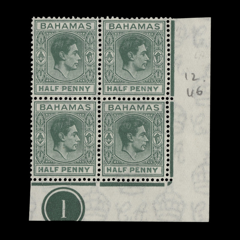 Bahamas 1946 (MNH) ½d Myrtle Green plate 1 block