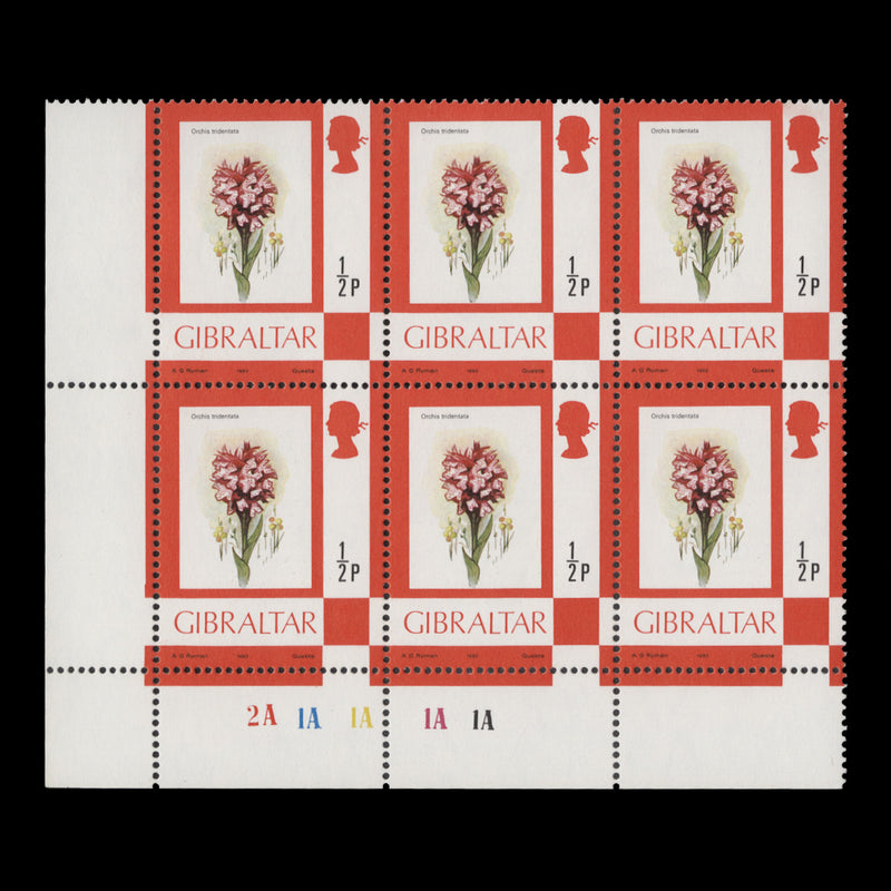 Gibraltar 1982 (MNH) ½p Toothed Orchid plate 2A–1A–1A–1A–1A block