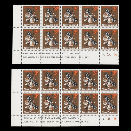 New Zealand 1970 (Variety) 3c Lichen Moth plate blocks with inverted watermark