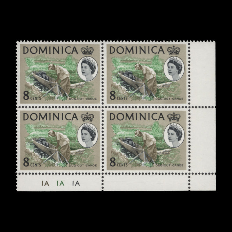 Dominica 1966 (MNH) 8c Dug-Out Canoe plate 1A–1A–1A block